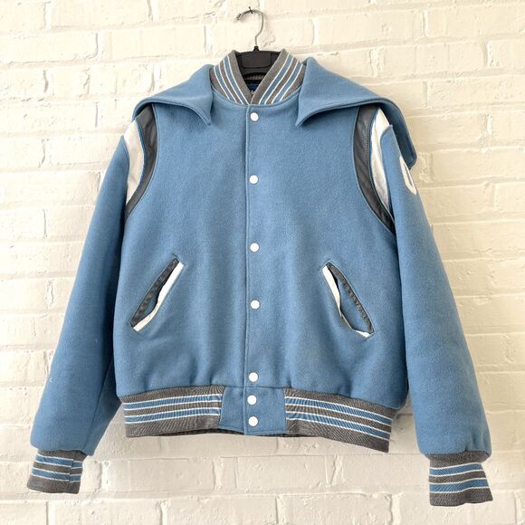 Unisex Holloway Varsity Jacket Heavy Wool Leather Accents Hood L/XL, 90s Vintage - Picture 4 of 12